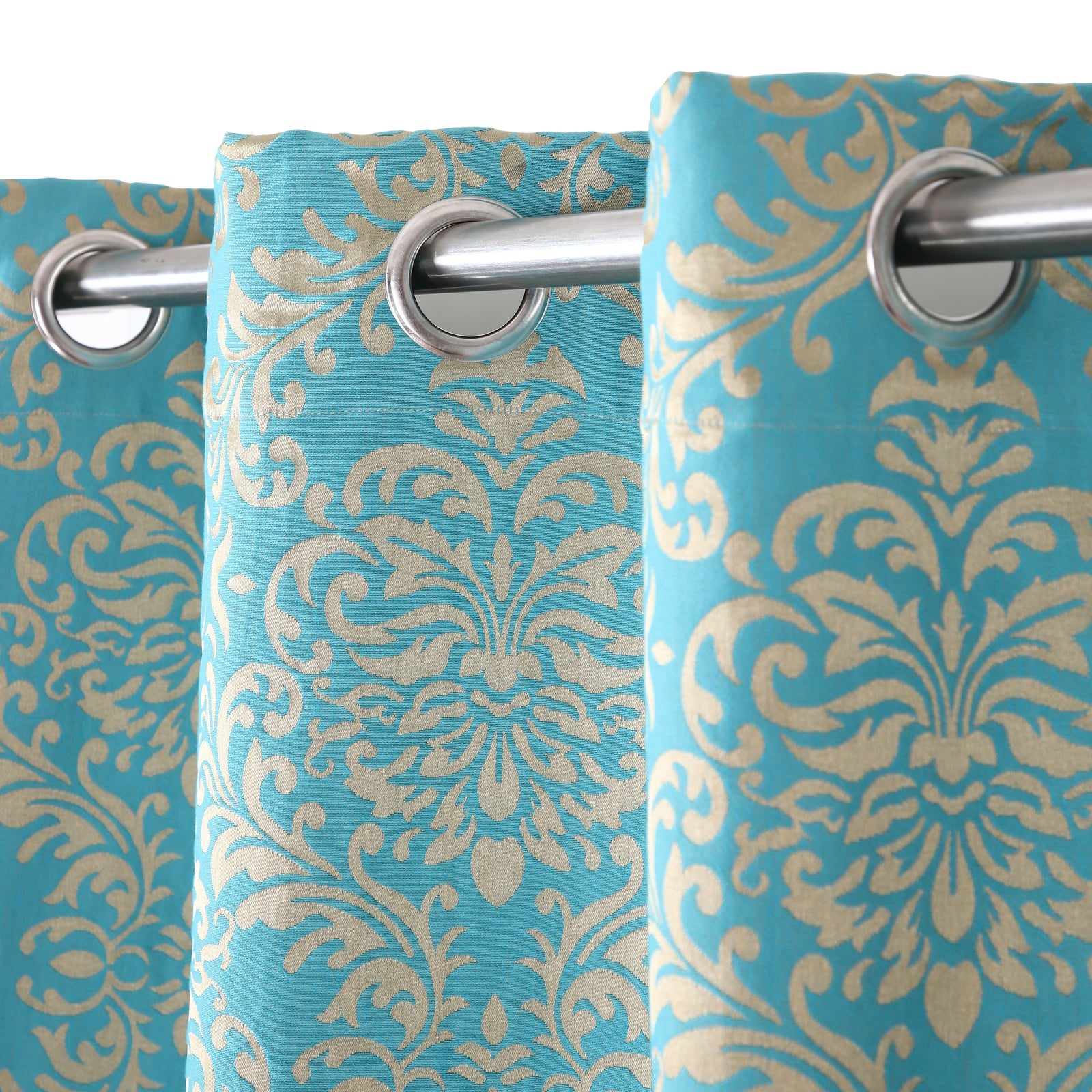 Cotton Jacquard Heavy Fabric Self Design Turquoise Curtain with Grommets