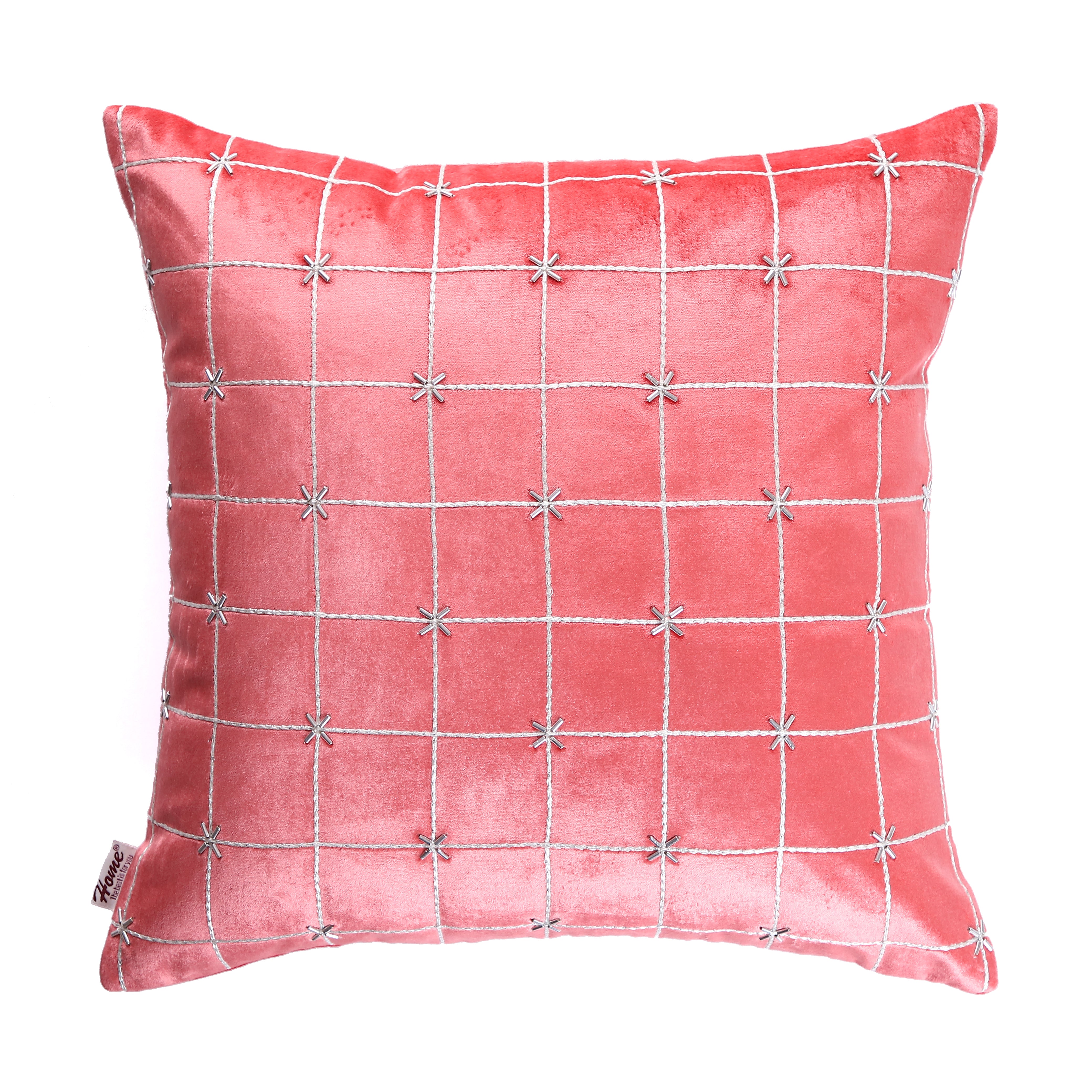 Glam Check Pink Peach Velvet Cushion Cover