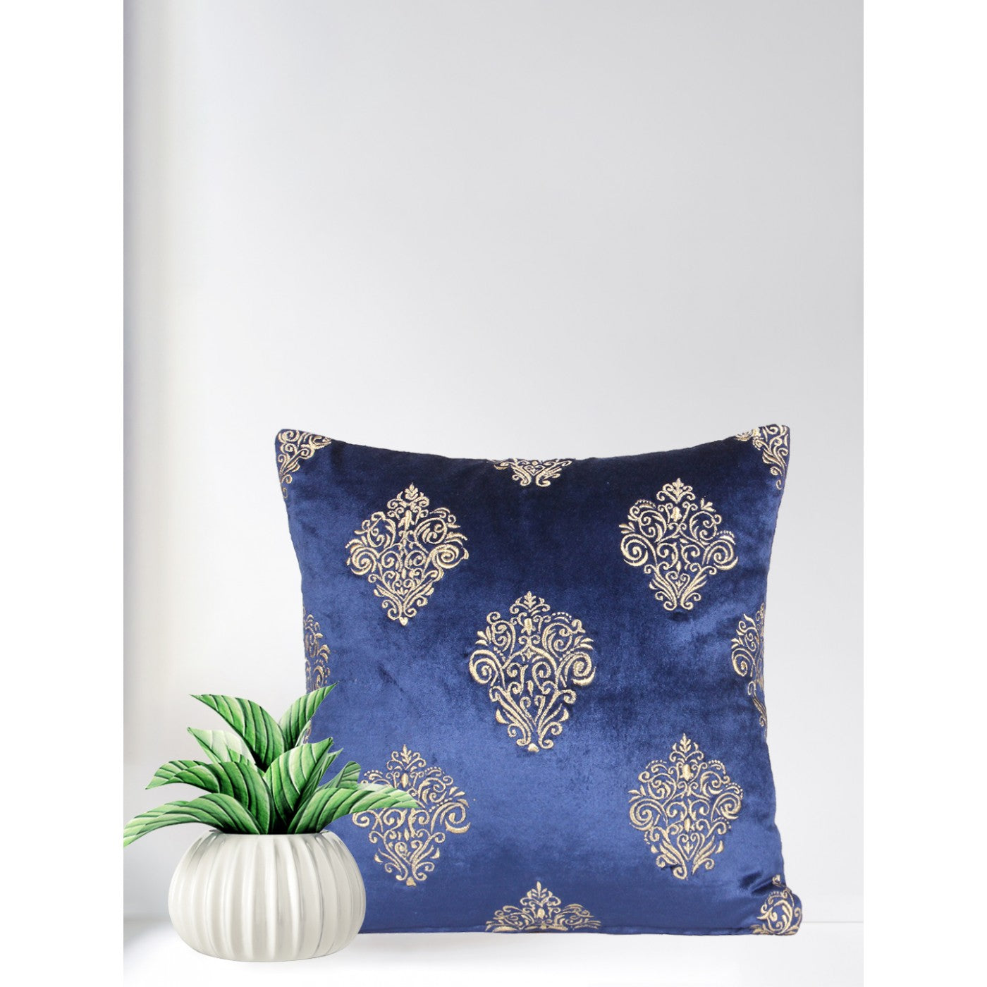 Blue Embroidred Velvet Cushion Cover 16x16 Inch