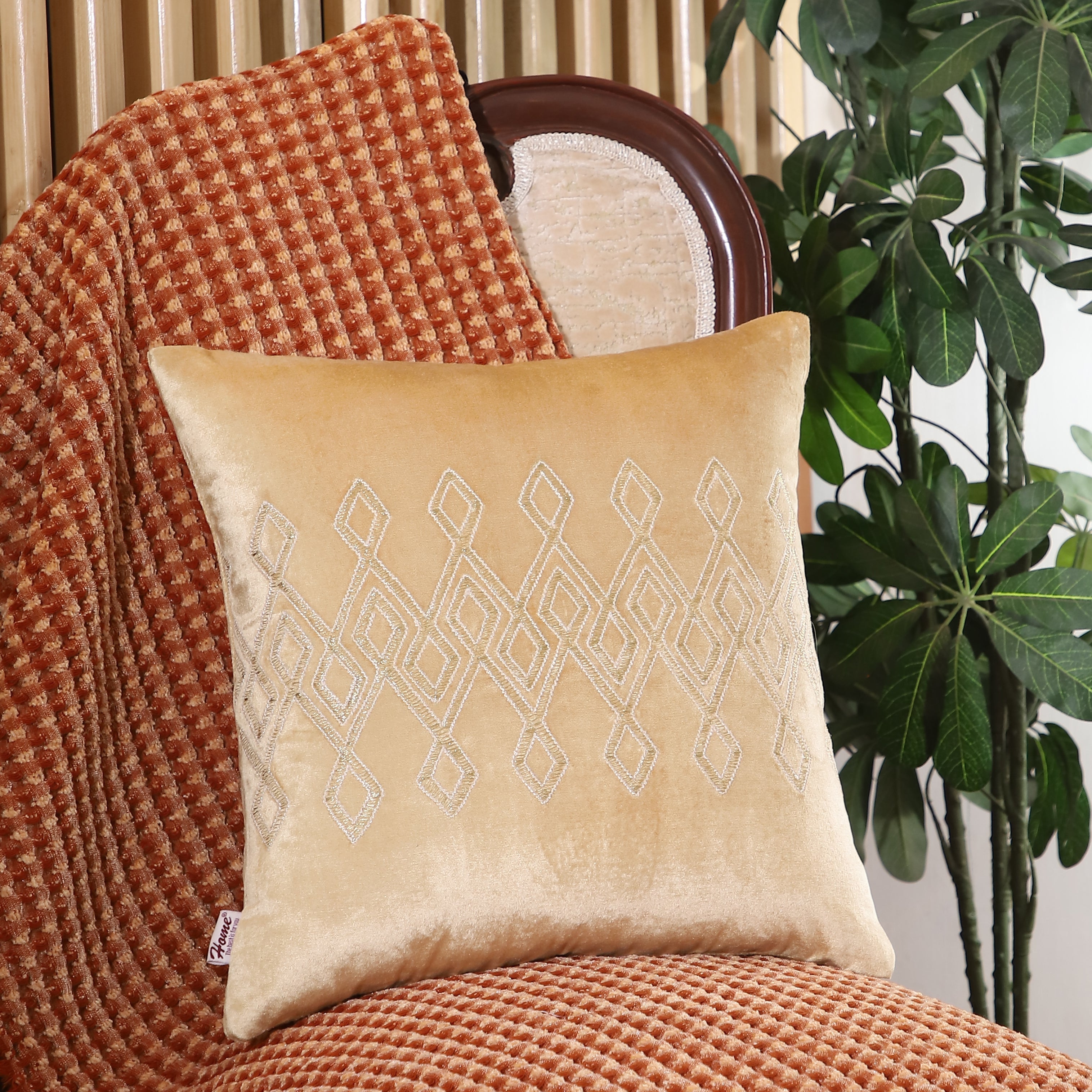 Gold Radiance Solid Velvet Viscose Center Band 16x16 Cushion Cover