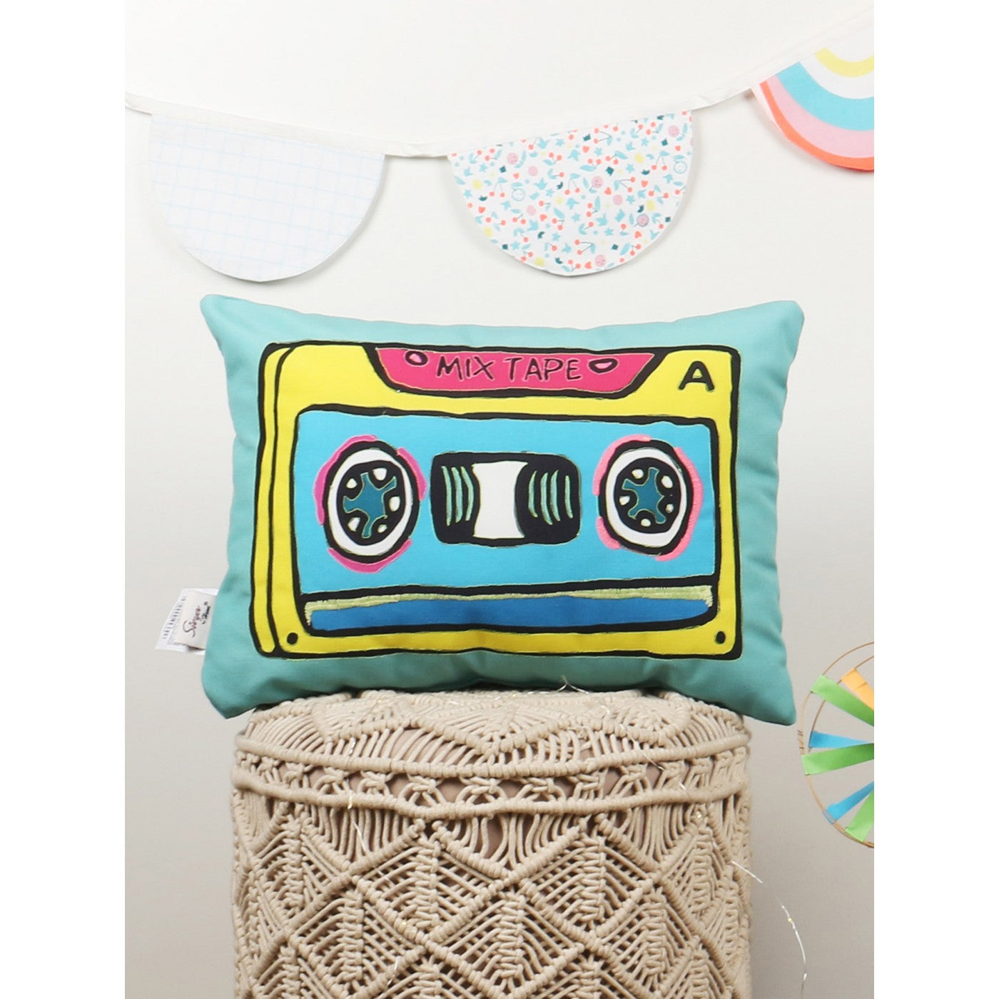 Mixtape-Inspired Stuffed Cushion with Intricate Embroider