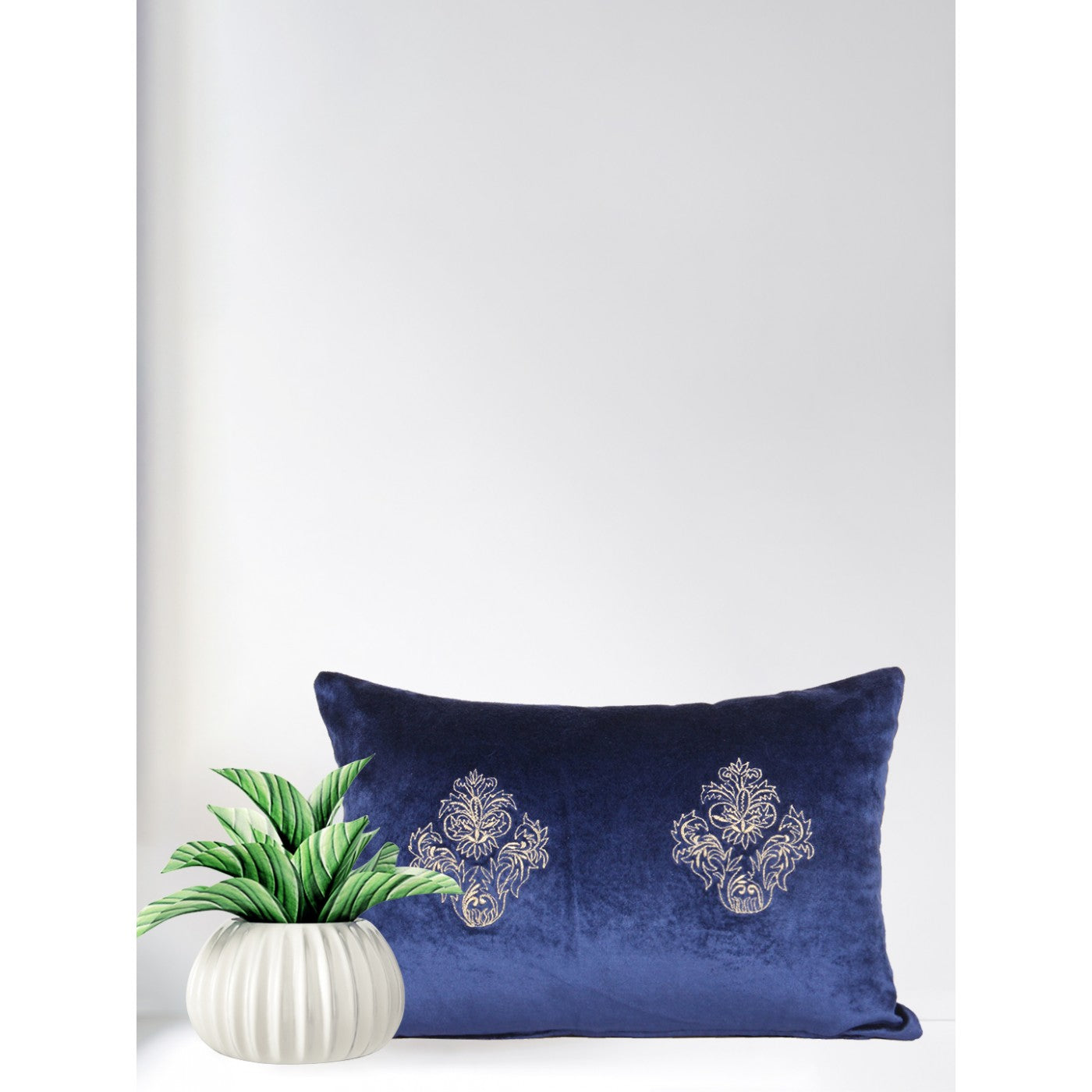 Oceanic Tapestry 12x18 Inch Embroidered Blue Velvet Cushion Cover