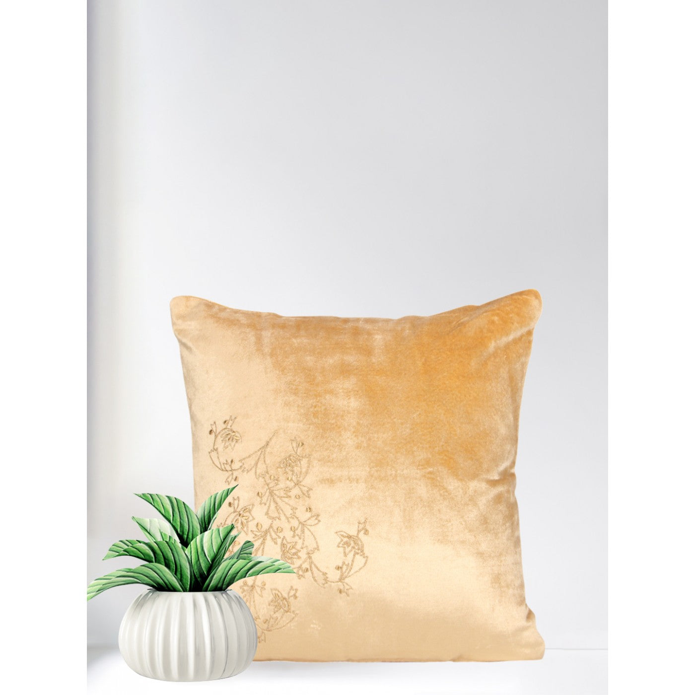 Botanic Elegance 16x16 Inch Floral Embroidered Beige Velvet Cushion Cover