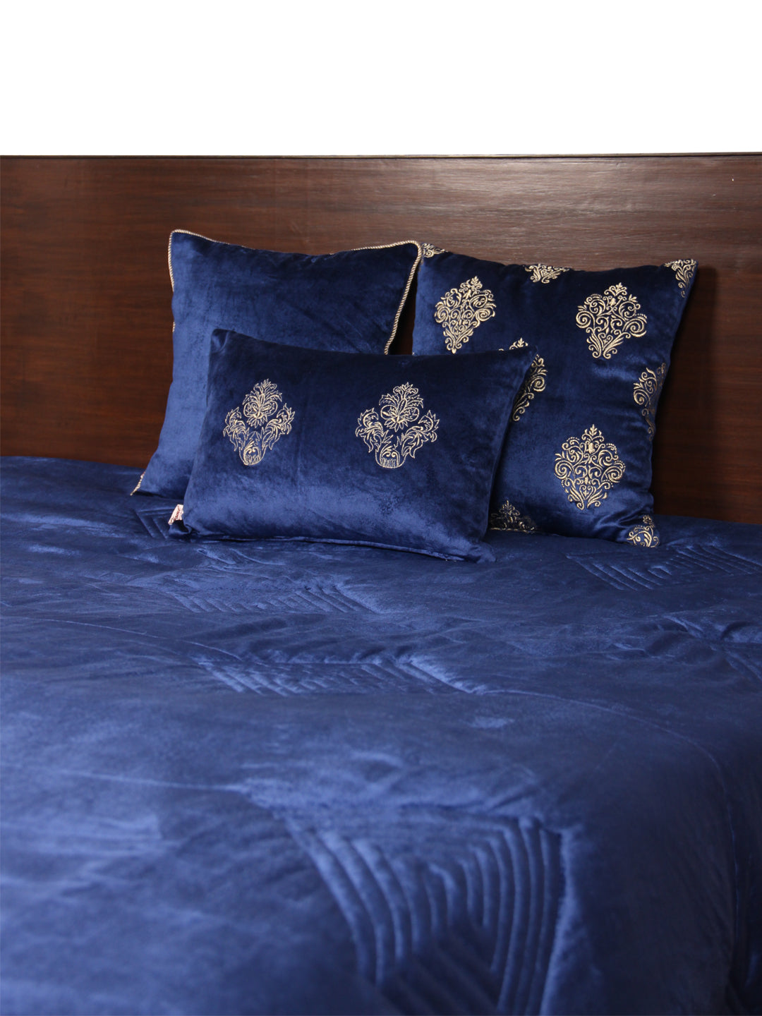 Blue Velvet Embroidered Quilt - Geometric Pattern