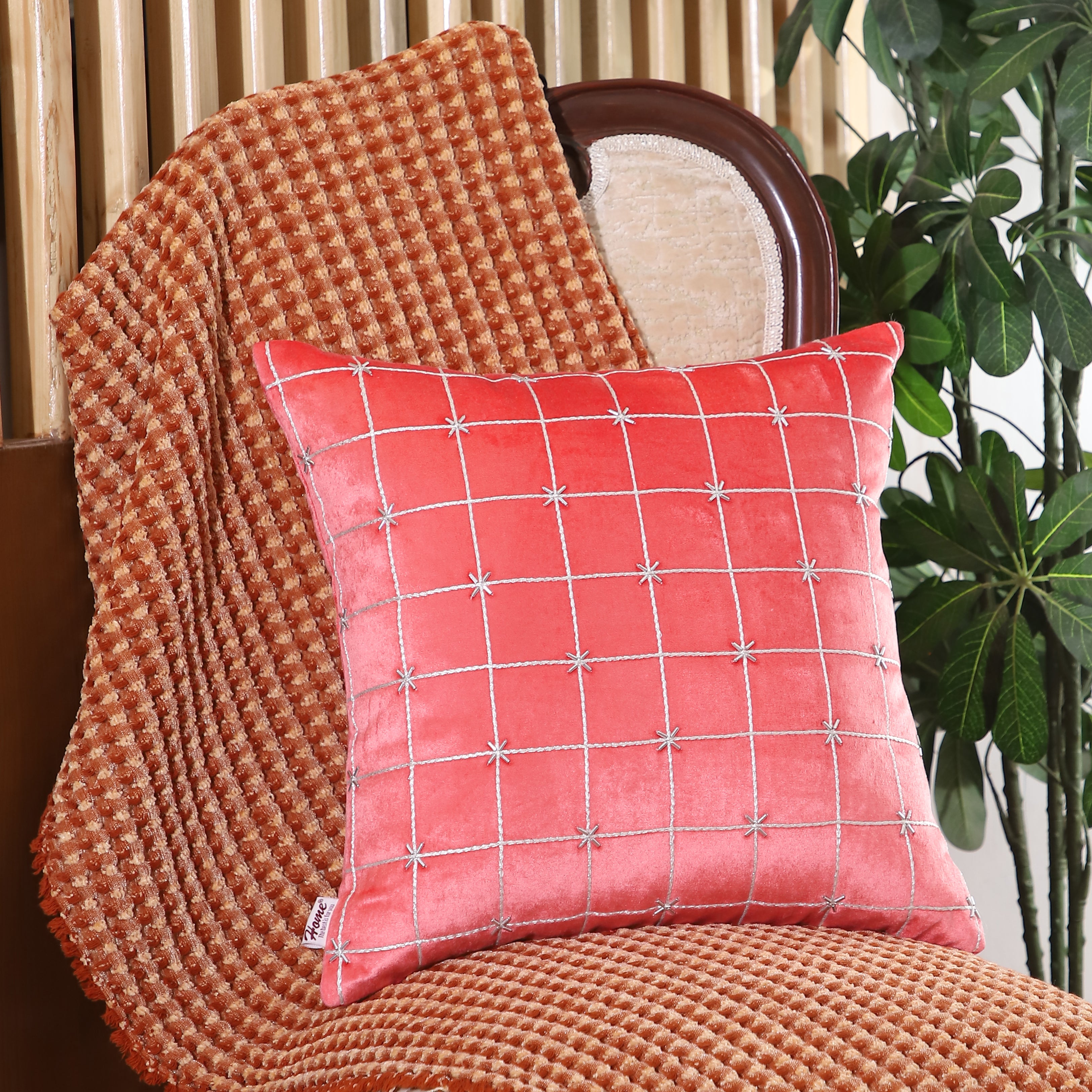 Glam Check Pink Peach Velvet Cushion Cover
