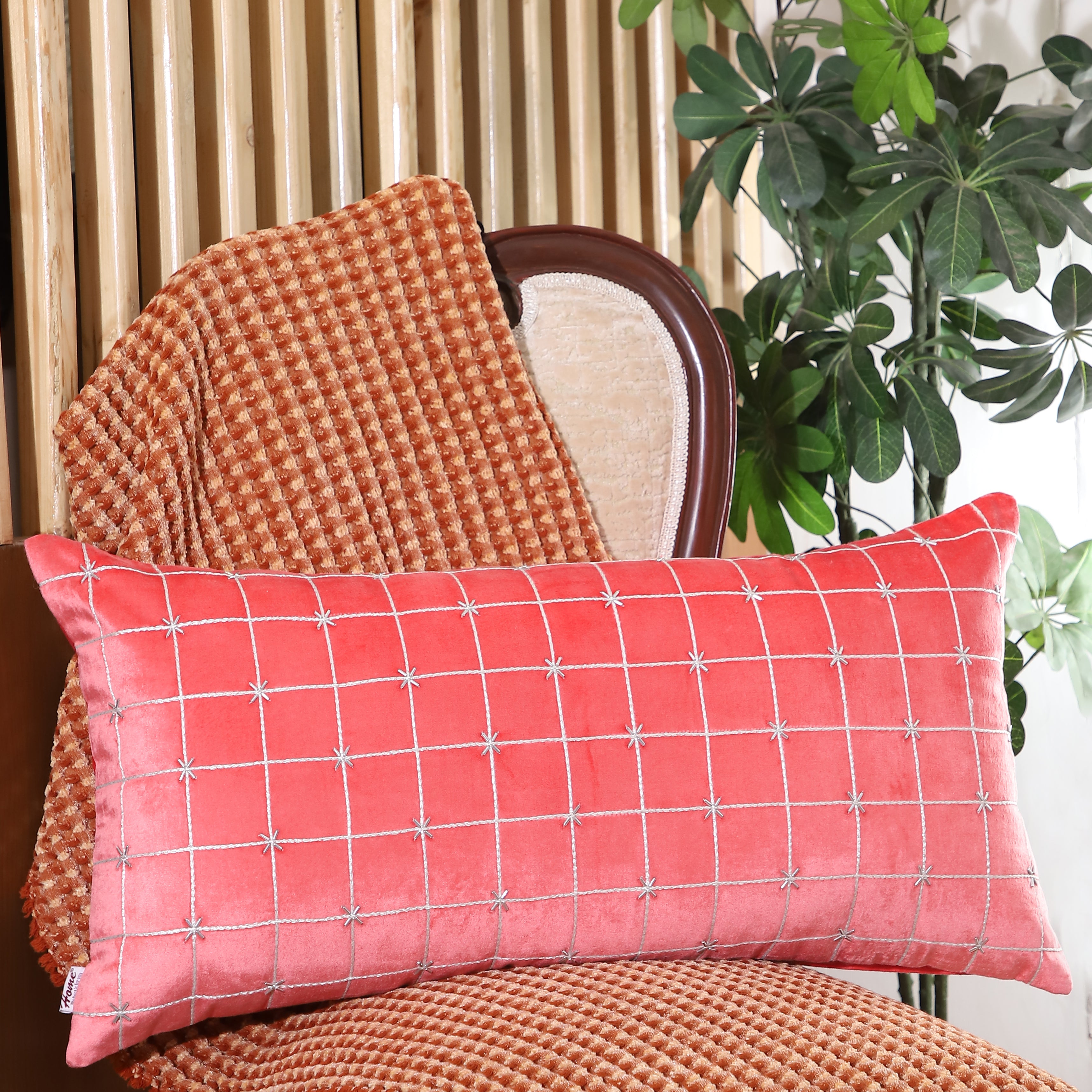 Embellished Check Lumbar Pink Peach Velvet Cushion Cover
